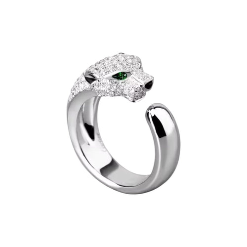 Bague féline ARGENTA argentée ajustable en acier inoxydable avec zircons et détails verts – Van Lys