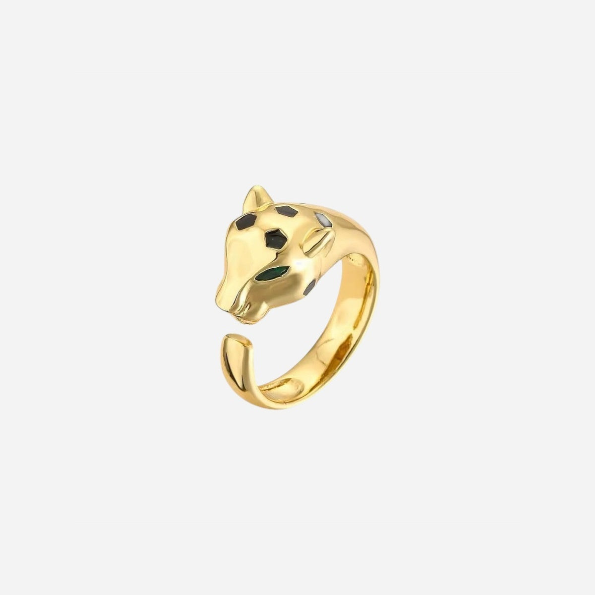 Bague panthère NÉRA dorée ajustable en acier inoxydable avec yeux verts intenses – Van Lys